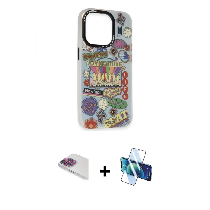 MARSİLYAN™- iPhone 13 Pro Max Kılıf Siluet Çizgi Koleksiyonu - Siyah 3D Antistatik Cam Ekran Koruyucu + Pers Alüminyum Kamera Lens - GI