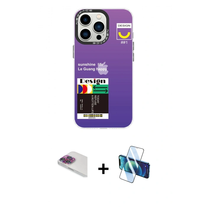 MARSİLYAN™- iPhone 13 Pro Max Kılıf Siluet Çizgi Koleksiyonu - Siyah 3D Antistatik Cam Ekran Koruyucu + Pers Alüminyum Kamera Lens - GI