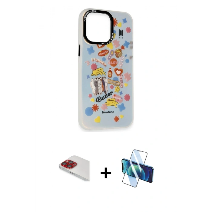 MARSİLYAN™- iPhone 13 Pro Max Kılıf Siluet Çizgi Koleksiyonu - Siyah 3D Antistatik Cam Ekran Koruyucu + Pers Alüminyum Kamera Lens - KI