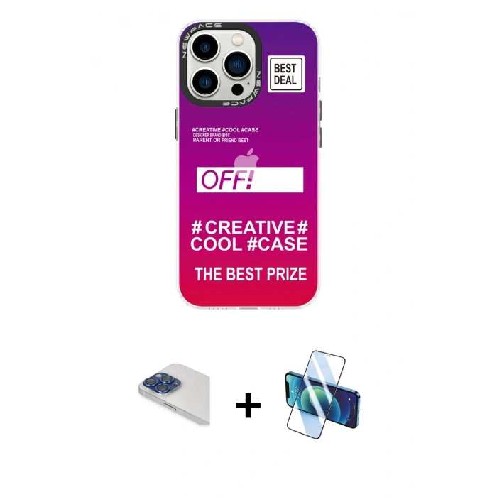 MARSİLYAN™- iPhone 13 Pro Max Kılıf Siluet Çizgi Koleksiyonu - Siyah 3D Antistatik Cam Ekran Koruyucu + Pers Alüminyum Kamera Lens - LT