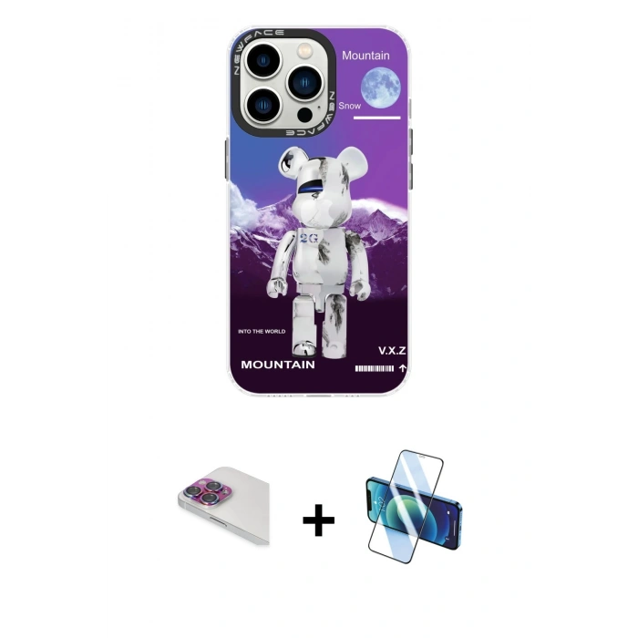 MARSİLYAN™- iPhone 13 Pro Max Kılıf Siluet Çizgi Koleksiyonu - Siyah 3D Antistatik Cam Ekran Koruyucu + Pers Alüminyum Kamera Lens - GI