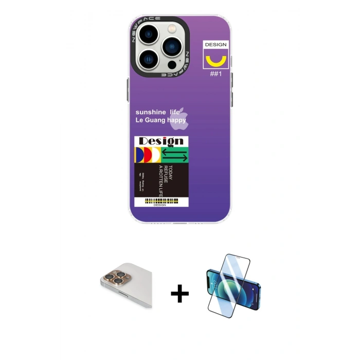 MARSİLYAN™- iPhone 13 Pro Max Kılıf Siluet Çizgi Koleksiyonu - Siyah 3D Antistatik Cam Ekran Koruyucu + Pers Alüminyum Kamera Lens - GD