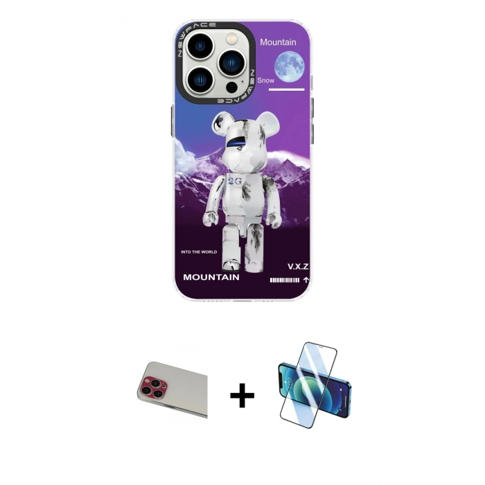 MARSİLYAN™- iPhone 13 Pro Max Kılıf Siluet Çizgi Koleksiyonu - Siyah 3D Antistatik Cam Ekran Koruyucu + Rainbow Kamera Lens Koruma Cam - KI
