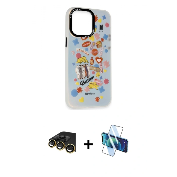 MARSİLYAN™- iPhone 13 Pro Max Kılıf Siluet Çizgi Koleksiyonu - Siyah 3D Antistatik Cam Ekran Koruyucu + Raze Metal Kamera Lens - GD