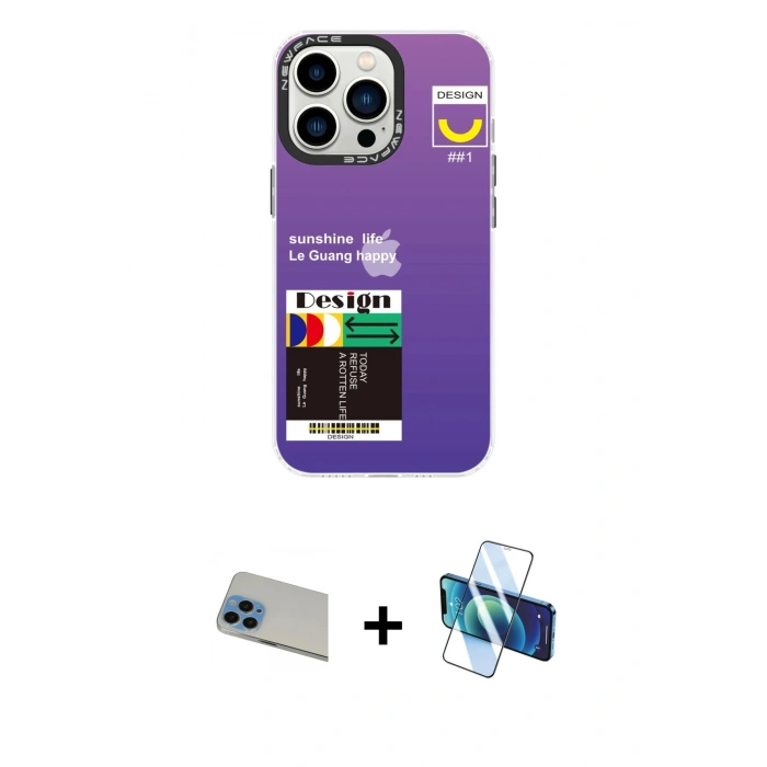 MARSİLYAN™- iPhone 13 Pro Max Kılıf Siluet Çizgi Koleksiyonu - Siyah 3D Antistatik Cam Ekran Koruyucu + Rainbow Kamera Lens Koruma Cam - MI