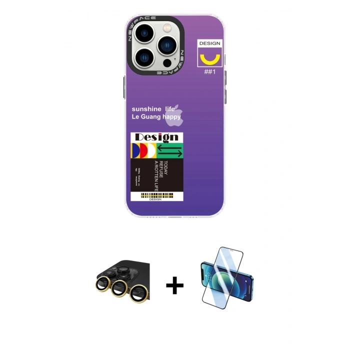 MARSİLYAN™- iPhone 13 Pro Max Kılıf Siluet Çizgi Koleksiyonu - Siyah 3D Antistatik Cam Ekran Koruyucu + Raze Metal Kamera Lens - GD
