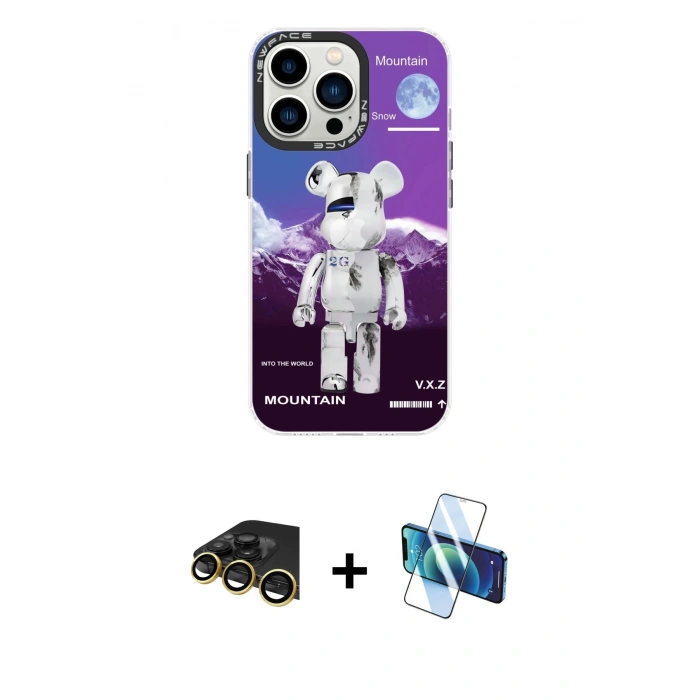 MARSİLYAN™- iPhone 13 Pro Max Kılıf Siluet Çizgi Koleksiyonu - Siyah 3D Antistatik Cam Ekran Koruyucu + Raze Metal Kamera Lens - GD