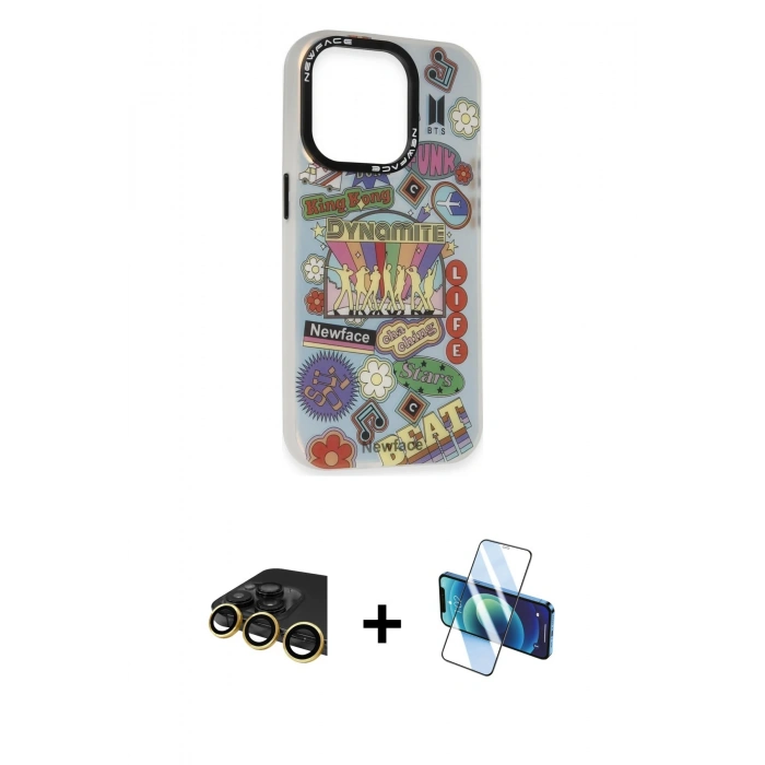 MARSİLYAN™- iPhone 13 Pro Max Kılıf Siluet Çizgi Koleksiyonu - Siyah 3D Antistatik Cam Ekran Koruyucu + Raze Metal Kamera Lens - GD