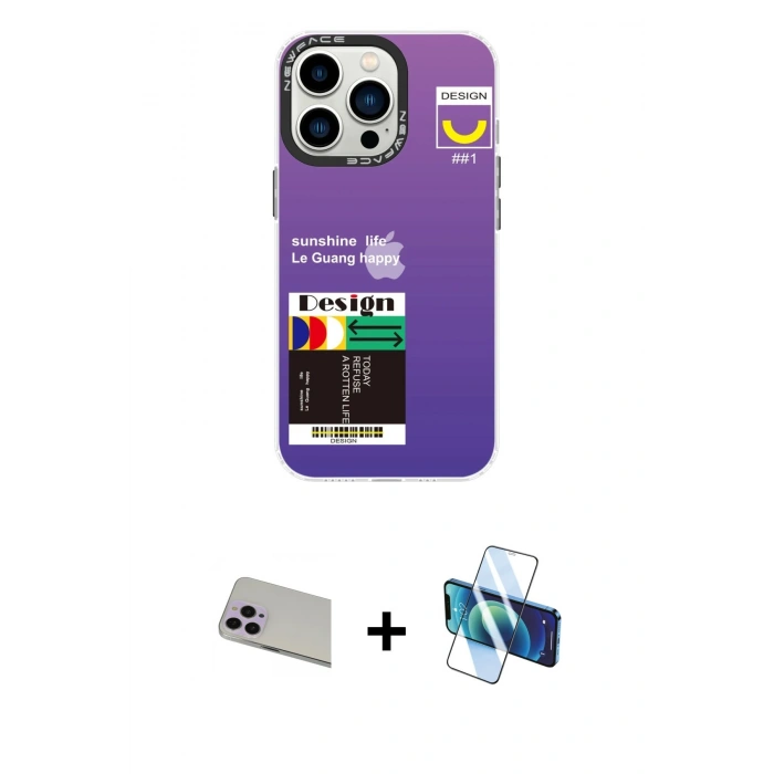 MARSİLYAN™- iPhone 13 Pro Max Kılıf Siluet Çizgi Koleksiyonu - Siyah 3D Antistatik Cam Ekran Koruyucu + Rainbow Kamera Lens Koruma Cam - MR