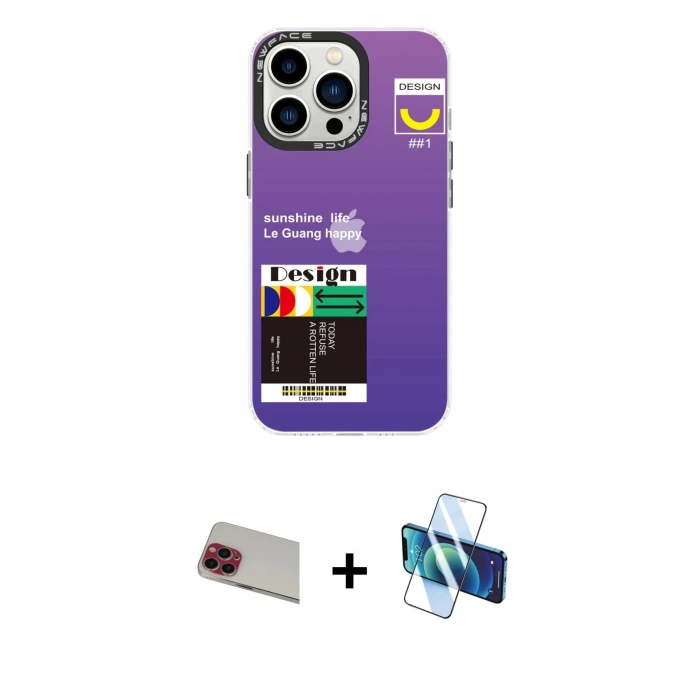 MARSİLYAN™- iPhone 13 Pro Max Kılıf Siluet Çizgi Koleksiyonu - Siyah 3D Antistatik Cam Ekran Koruyucu + Rainbow Kamera Lens Koruma Cam - KI