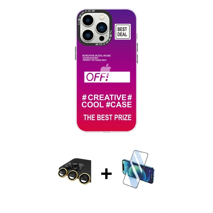 MARSİLYAN™- iPhone 13 Pro Max Kılıf Siluet Çizgi Koleksiyonu - Siyah 3D Antistatik Cam Ekran Koruyucu + Raze Metal Kamera Lens - GD
