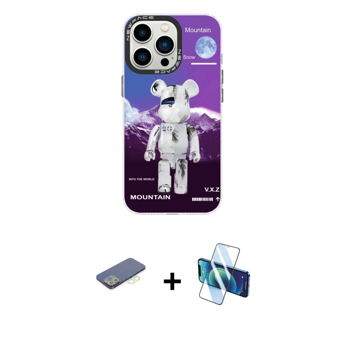 MARSİLYAN™- iPhone 13 Pro Max Kılıf Siluet Çizgi Koleksiyonu - Siyah 3D Antistatik Cam Ekran Koruyucu + Renkli Kamera Lens Koruma Cam - YL