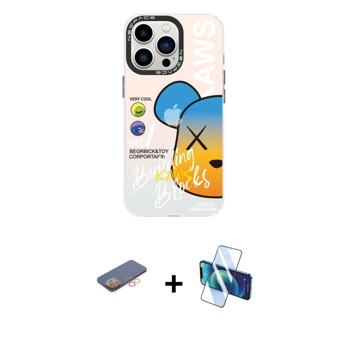 MARSİLYAN™- iPhone 13 Pro Max Kılıf Siluet Çizgi Koleksiyonu - Siyah 3D Antistatik Cam Ekran Koruyucu + Renkli Kamera Lens Koruma Cam - TU