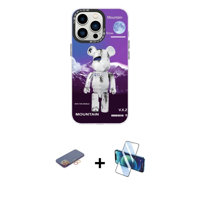 MARSİLYAN™- iPhone 13 Pro Max Kılıf Siluet Çizgi Koleksiyonu - Siyah 3D Antistatik Cam Ekran Koruyucu + Renkli Kamera Lens Koruma Cam - TU