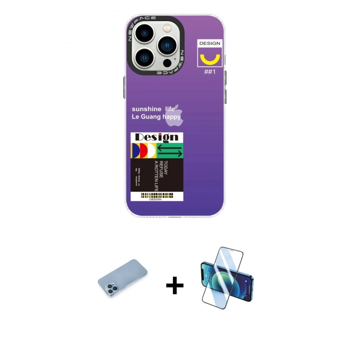 MARSİLYAN™- iPhone 13 Pro Max Kılıf Siluet Çizgi Koleksiyonu - Siyah 3D Antistatik Cam Ekran Koruyucu + Shine Kamera Lens Koruma Cam - MI