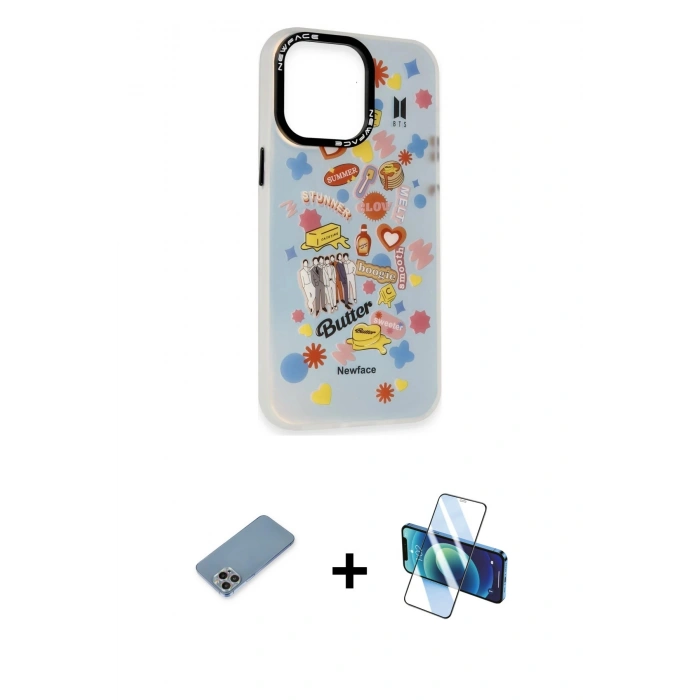 MARSİLYAN™- iPhone 13 Pro Max Kılıf Siluet Çizgi Koleksiyonu - Siyah 3D Antistatik Cam Ekran Koruyucu + Shine Kamera Lens Koruma Cam - GI