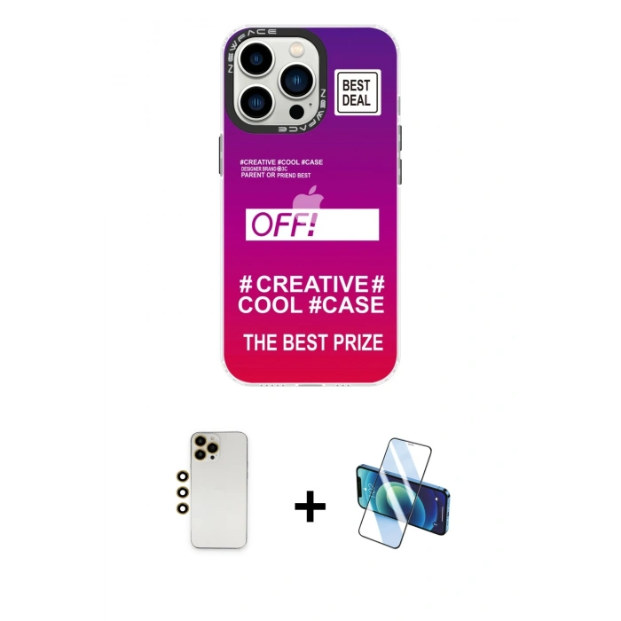 MARSİLYAN™- iPhone 13 Pro Max Kılıf Siluet Çizgi Koleksiyonu - Siyah 3D Antistatik Cam Ekran Koruyucu + Shine Kamera Lens - GD