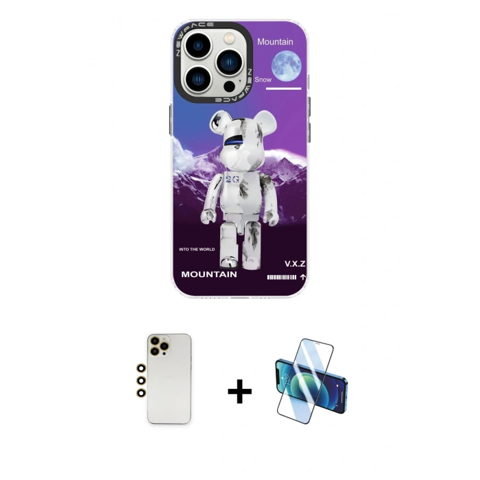 MARSİLYAN™- iPhone 13 Pro Max Kılıf Siluet Çizgi Koleksiyonu - Siyah 3D Antistatik Cam Ekran Koruyucu + Shine Kamera Lens - GD