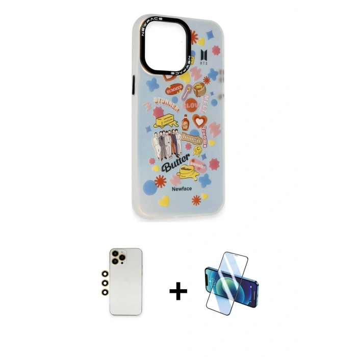 MARSİLYAN™- iPhone 13 Pro Max Kılıf Siluet Çizgi Koleksiyonu - Siyah 3D Antistatik Cam Ekran Koruyucu + Shine Kamera Lens - GD