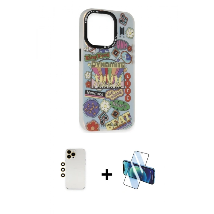 MARSİLYAN™- iPhone 13 Pro Max Kılıf Siluet Çizgi Koleksiyonu - Siyah 3D Antistatik Cam Ekran Koruyucu + Shine Kamera Lens - GD