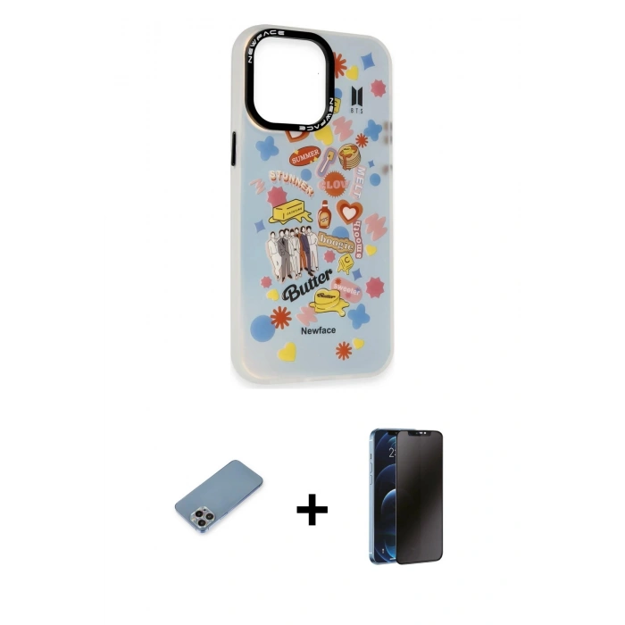 MARSİLYAN™- iPhone 13 Pro Max Kılıf Siluet Çizgi Koleksiyonu - Siyah 3D Antistatik Hayalet Cam Ekran Koruyucu + Gökkuşağı Shine Kamera Lens Koruma Cam