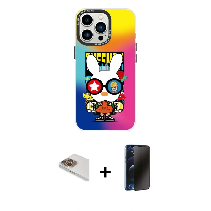 MARSİLYAN™- iPhone 13 Pro Max Kılıf Siluet Çizgi Koleksiyonu - Siyah 3D Antistatik Hayalet Cam Ekran Koruyucu + Gold Pers Alüminyum Kamera Lens