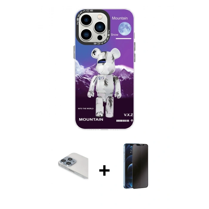 MARSİLYAN™- iPhone 13 Pro Max Kılıf Siluet Çizgi Koleksiyonu - Siyah 3D Antistatik Hayalet Cam Ekran Koruyucu + Pers Alüminyum Kamera Lens - SABE