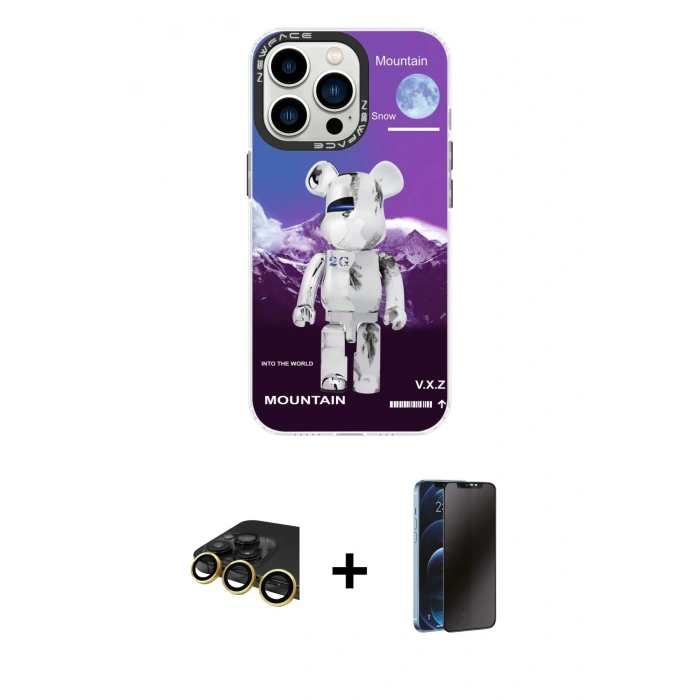 MARSİLYAN™- iPhone 13 Pro Max Kılıf Siluet Çizgi Koleksiyonu - Siyah 3D Antistatik Hayalet Cam Ekran Koruyucu + Raze Metal Kamera Lens - GD