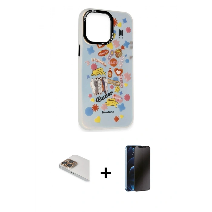 MARSİLYAN™- iPhone 13 Pro Max Kılıf Siluet Çizgi Koleksiyonu - Siyah 3D Antistatik Hayalet Cam Ekran Koruyucu + Gold Pers Alüminyum Kamera Lens