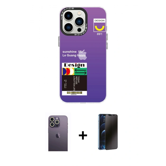MARSİLYAN™- iPhone 13 Pro Max Kılıf Siluet Çizgi Koleksiyonu - Siyah 3D Antistatik Hayalet Cam Ekran Koruyucu + Neon Fosforlu Kamera Lens - BZ