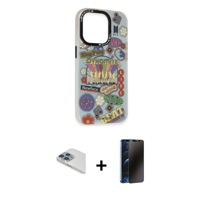 MARSİLYAN™- iPhone 13 Pro Max Kılıf Siluet Çizgi Koleksiyonu - Siyah 3D Antistatik Hayalet Cam Ekran Koruyucu + Pers Alüminyum Kamera Lens - SABE