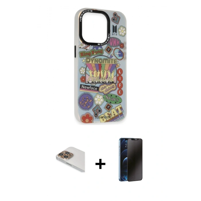 MARSİLYAN™- iPhone 13 Pro Max Kılıf Siluet Çizgi Koleksiyonu - Siyah 3D Antistatik Hayalet Cam Ekran Koruyucu + Gold Pers Alüminyum Kamera Lens