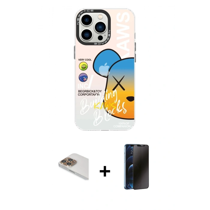 MARSİLYAN™- iPhone 13 Pro Max Kılıf Siluet Çizgi Koleksiyonu - Siyah 3D Antistatik Hayalet Cam Ekran Koruyucu + Gold Pers Alüminyum Kamera Lens