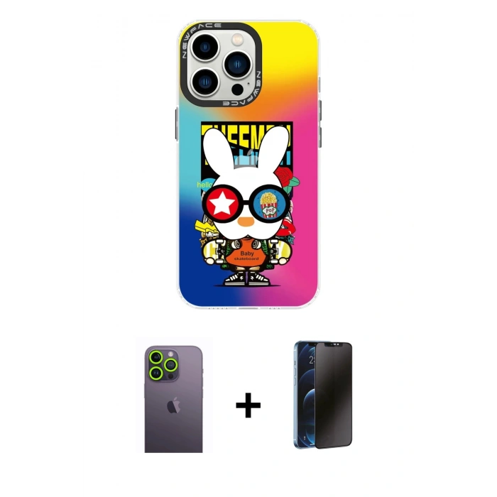 MARSİLYAN™- iPhone 13 Pro Max Kılıf Siluet Çizgi Koleksiyonu - Siyah 3D Antistatik Hayalet Cam Ekran Koruyucu + Neon Fosforlu Kamera Lens - YL