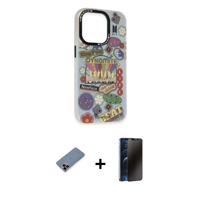 MARSİLYAN™- iPhone 13 Pro Max Kılıf Siluet Çizgi Koleksiyonu - Siyah 3D Antistatik Hayalet Cam Ekran Koruyucu + Kırmızı Metal Kamera Lens Koruma Cam