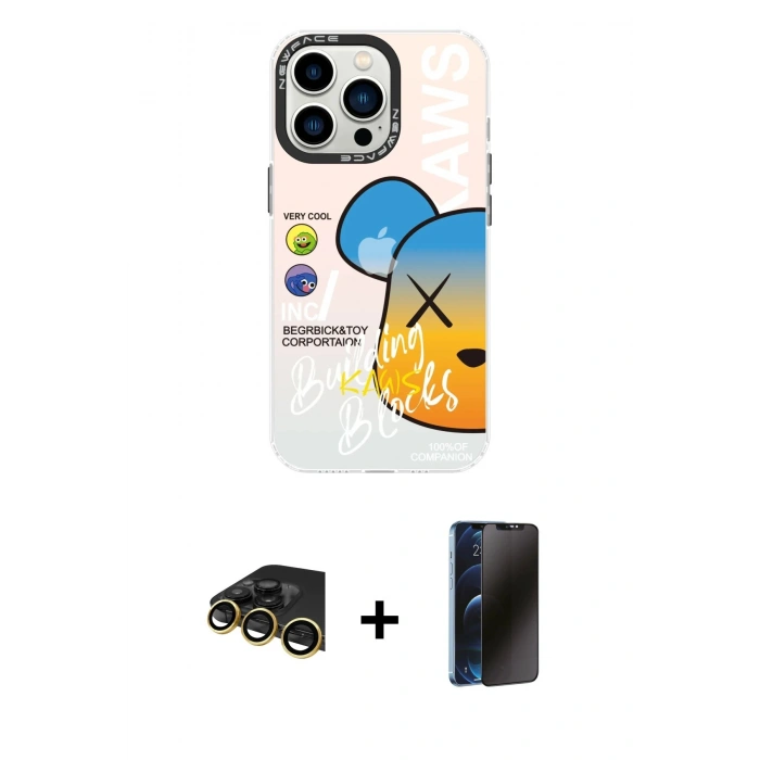 MARSİLYAN™- iPhone 13 Pro Max Kılıf Siluet Çizgi Koleksiyonu - Siyah 3D Antistatik Hayalet Cam Ekran Koruyucu + Raze Metal Kamera Lens - GD