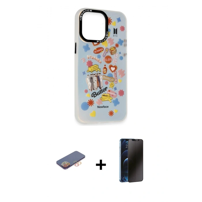 MARSİLYAN™- iPhone 13 Pro Max Kılıf Siluet Çizgi Koleksiyonu - Siyah 3D Antistatik Hayalet Cam Ekran Koruyucu + Renkli Kamera Lens Koruma Cam - TU