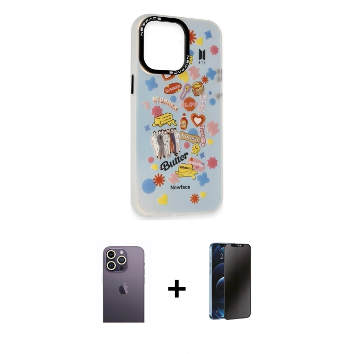 MARSİLYAN™- iPhone 13 Pro Max Kılıf Siluet Çizgi Koleksiyonu - Siyah 3D Antistatik Hayalet Cam Ekran Koruyucu + Neon Fosforlu Kamera Lens - BZ