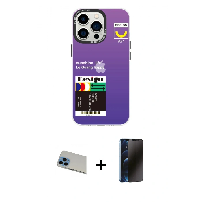 MARSİLYAN™- iPhone 13 Pro Max Kılıf Siluet Çizgi Koleksiyonu - Siyah 3D Antistatik Hayalet Cam Ekran Koruyucu + Rainbow Kamera Lens Koruma Cam - MI
