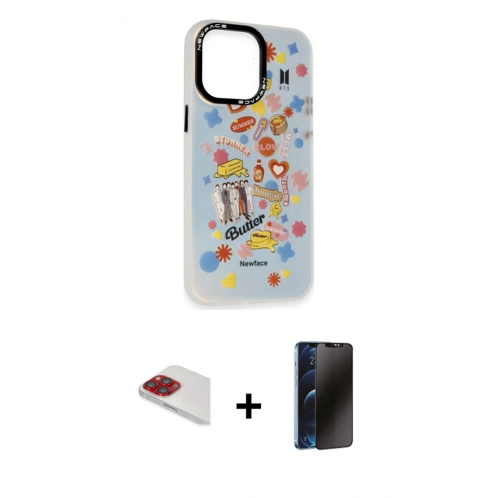 MARSİLYAN™- iPhone 13 Pro Max Kılıf Siluet Çizgi Koleksiyonu - Siyah 3D Antistatik Hayalet Cam Ekran Koruyucu + Kırmızı Pers Alüminyum Kamera Lens