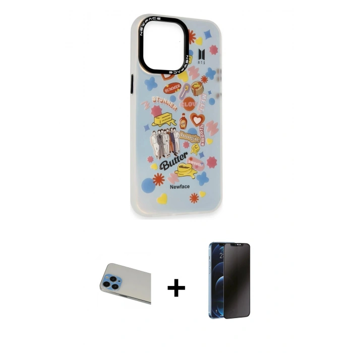 MARSİLYAN™- iPhone 13 Pro Max Kılıf Siluet Çizgi Koleksiyonu - Siyah 3D Antistatik Hayalet Cam Ekran Koruyucu + Rainbow Kamera Lens Koruma Cam - MI