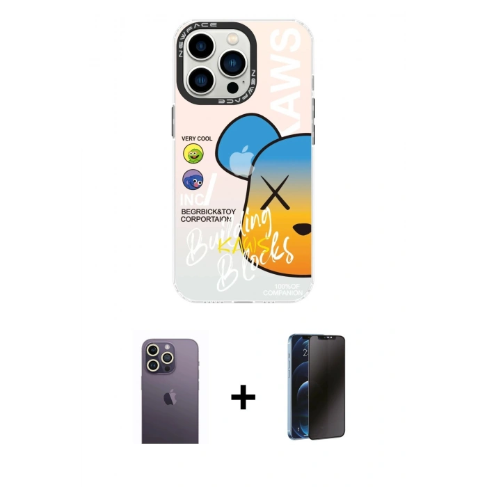 MARSİLYAN™- iPhone 13 Pro Max Kılıf Siluet Çizgi Koleksiyonu - Siyah 3D Antistatik Hayalet Cam Ekran Koruyucu + Neon Fosforlu Kamera Lens - BZ