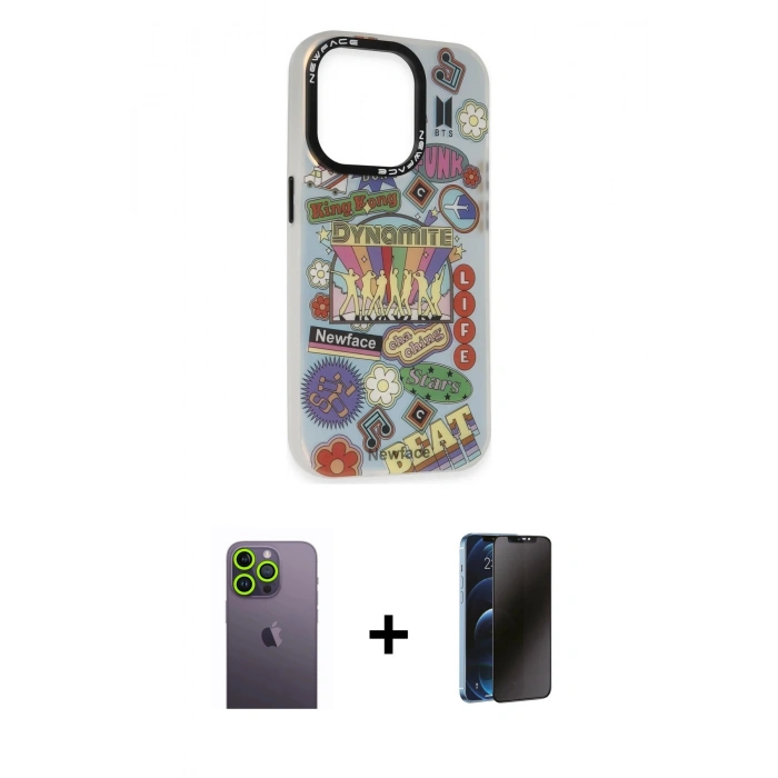 MARSİLYAN™- iPhone 13 Pro Max Kılıf Siluet Çizgi Koleksiyonu - Siyah 3D Antistatik Hayalet Cam Ekran Koruyucu + Neon Fosforlu Kamera Lens - YL