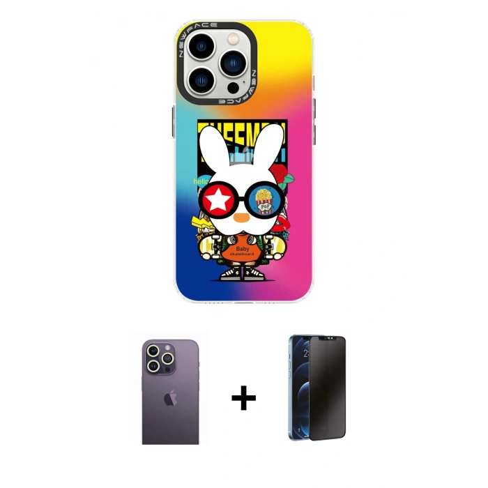 MARSİLYAN™- iPhone 13 Pro Max Kılıf Siluet Çizgi Koleksiyonu - Siyah 3D Antistatik Hayalet Cam Ekran Koruyucu + Neon Fosforlu Kamera Lens - BZ