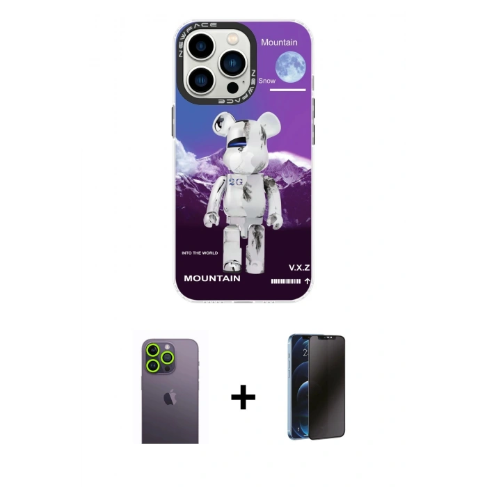 MARSİLYAN™- iPhone 13 Pro Max Kılıf Siluet Çizgi Koleksiyonu - Siyah 3D Antistatik Hayalet Cam Ekran Koruyucu + Neon Fosforlu Kamera Lens - YL