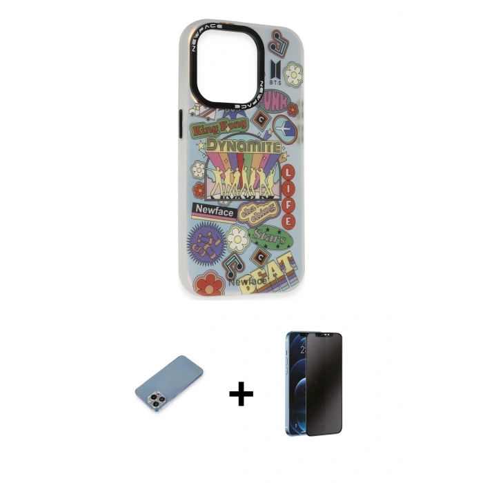 MARSİLYAN™- iPhone 13 Pro Max Kılıf Siluet Çizgi Koleksiyonu - Siyah 3D Antistatik Hayalet Cam Ekran Koruyucu + Gökkuşağı Shine Kamera Lens Koruma Cam