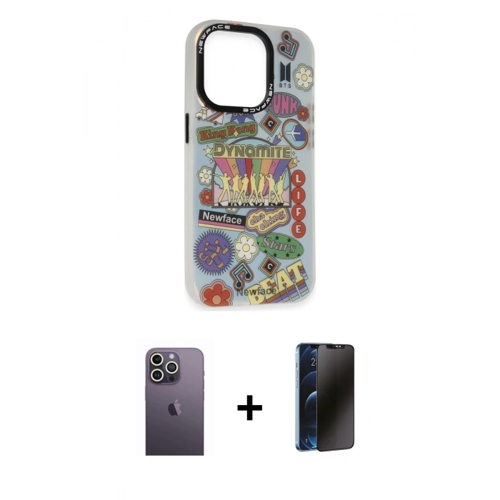 MARSİLYAN™- iPhone 13 Pro Max Kılıf Siluet Çizgi Koleksiyonu - Siyah 3D Antistatik Hayalet Cam Ekran Koruyucu + Neon Fosforlu Kamera Lens - BZ