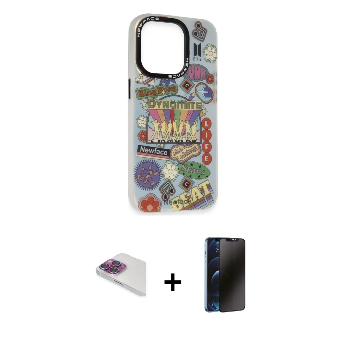 MARSİLYAN™- iPhone 13 Pro Max Kılıf Siluet Çizgi Koleksiyonu - Siyah 3D Antistatik Hayalet Cam Ekran Koruyucu + Pers Alüminyum Kamera Lens - GI