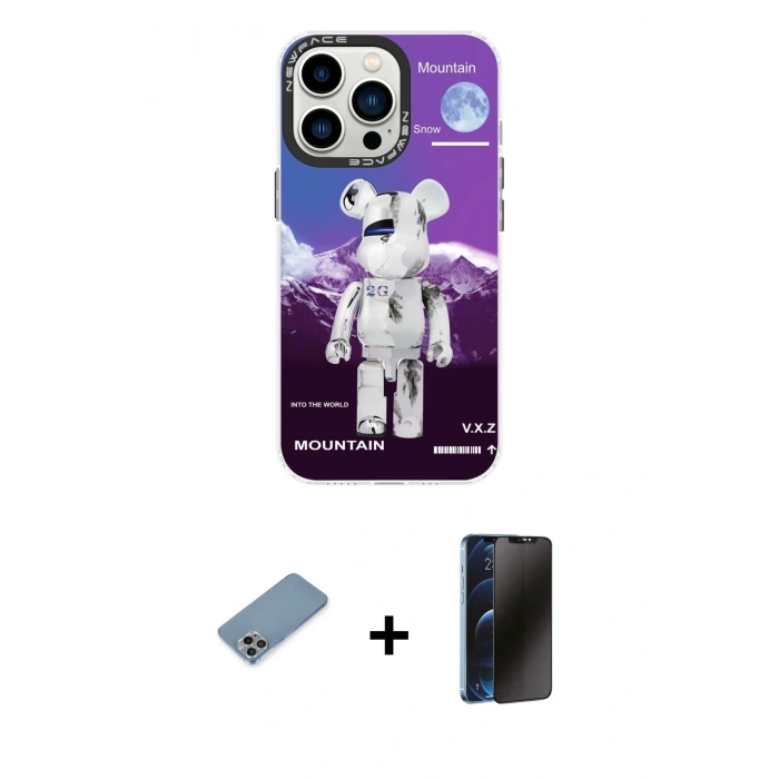 MARSİLYAN™- iPhone 13 Pro Max Kılıf Siluet Çizgi Koleksiyonu - Siyah 3D Antistatik Hayalet Cam Ekran Koruyucu + Gökkuşağı Shine Kamera Lens Koruma Cam