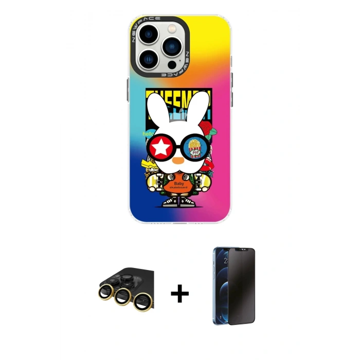 MARSİLYAN™- iPhone 13 Pro Max Kılıf Siluet Çizgi Koleksiyonu - Siyah 3D Antistatik Hayalet Cam Ekran Koruyucu + Raze Metal Kamera Lens - GD